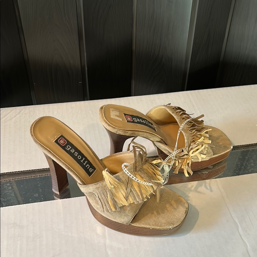 Women's Tan Fringe Heeled Sandals